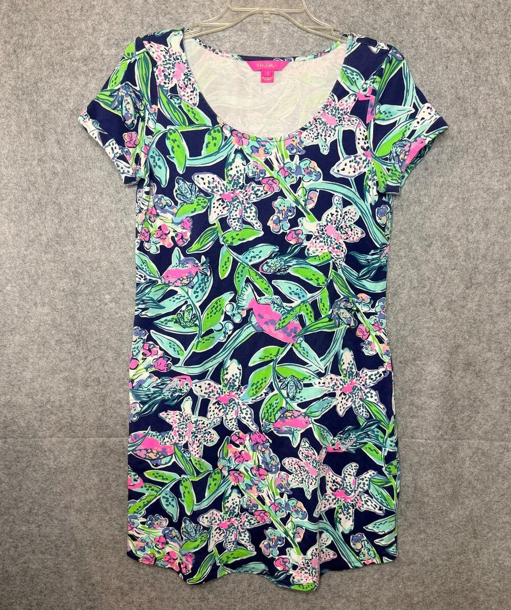 Lilly Pulitzer Tammy Dress Small Sway This Way Bright Navy Pink Flower UPF50